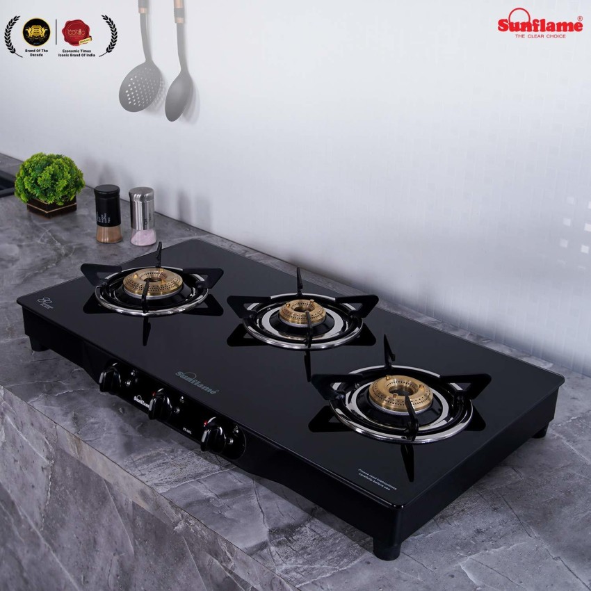 sunflame gas stove 3 burner glass top automatic