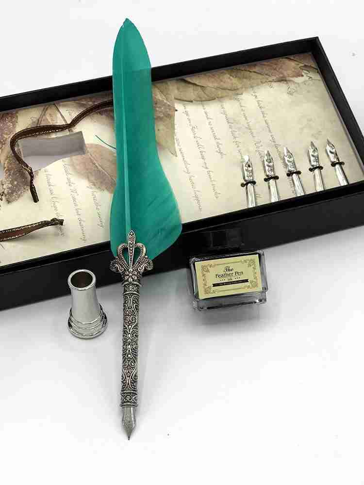 Feather Pen Calligraphy Pen Ink Set Antique Quill Refillable for Writing  (Green)