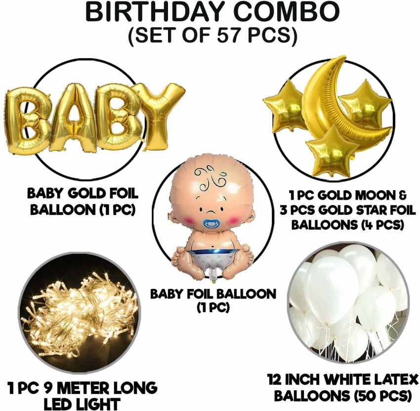 Party Propz Baby Shower Decoration, Golden Baby Decoration Combo 58Pcs Set  with Lights Foil Curtain Moon & Star Foil Balloon Latex Balloons with Baby  Letter for Welcome Baby Arrival Home, Kids Birthday