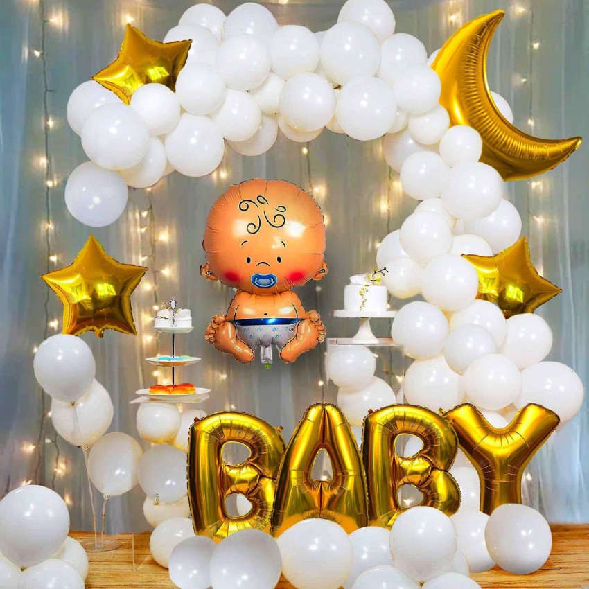 Buy Party Propz Baby Shower Decoration, Golden Baby Decoration Combo 58Pcs  Set with Lights Foil Curtain Moon & Star Foil Balloon Latex Balloons with  Baby Letter for Welcome Baby Arrival Home, Kids Birthday Decorations Items  online at