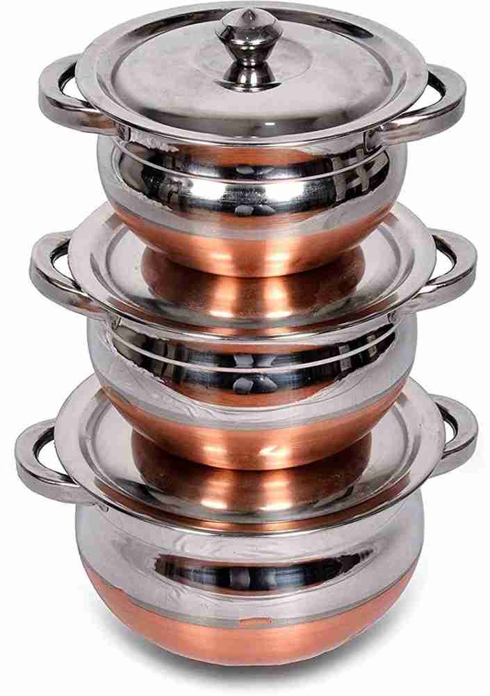 Sumeet Stainless Steel Copper Bottom Cookware/Container/Tope Set Of 3 Pcs  With Lids