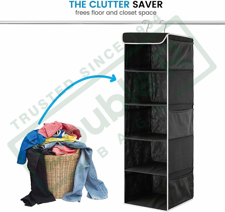 DOUBLE R BAGS 5 Shelf Hanging Closet Organizer 6 Side Mesh Pockets Breathable Polypropylene Hanging Shelves for Clothes Storage and Accessories 12 x 11 x 42 Black 2 Closet Organizer