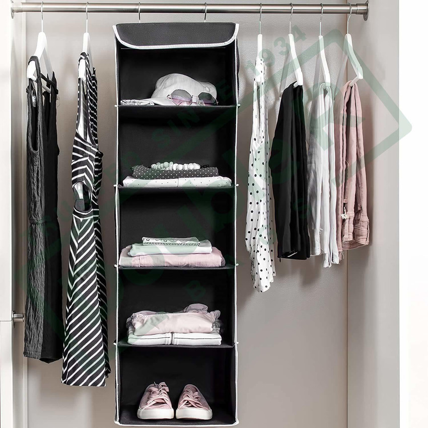 DOUBLE R BAGS 5 Shelf Hanging Closet Organizer 6 Side Mesh Pockets Breathable Polypropylene Hanging Shelves for Clothes Storage and Accessories 12 x 11 x 42 Black 2 Closet Organizer