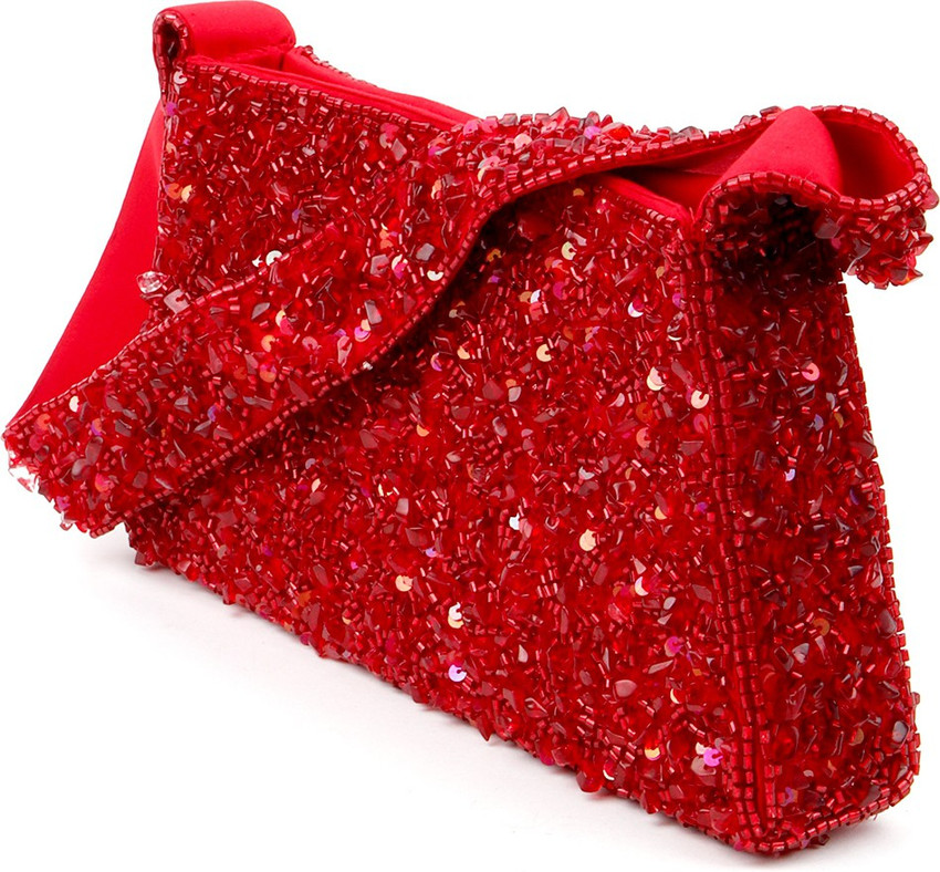 odette Red Shoulder Bag Red Sequin Uncut Stone Hand Held Bag Red