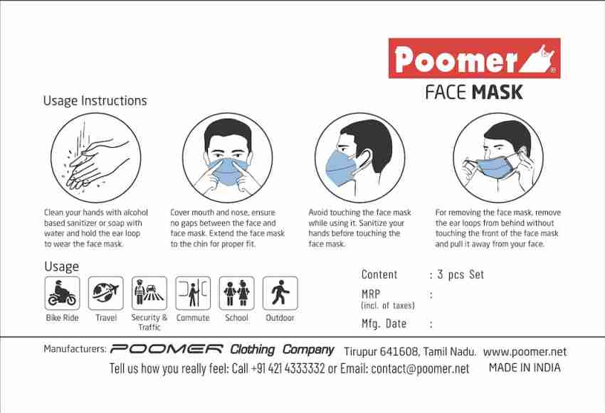 Poomer Men Face Mask - 3 layer Anti-Bacterial (Pack of 3