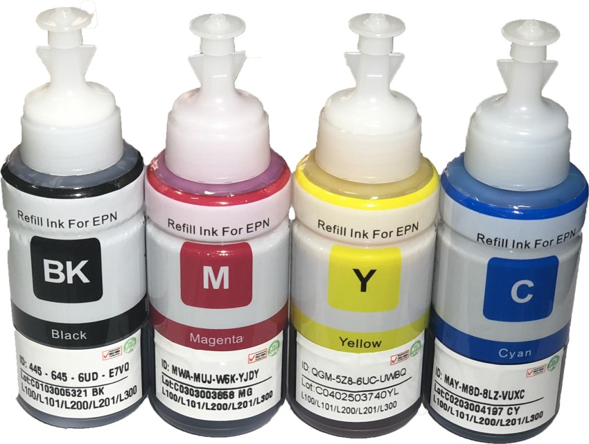 UV Refill Ink Compatible For Epson Printers L100, L110, L130, L200, L210,  L220, L300, L310, L350, L355, L360, L365, L455, L550, L555, L565, L1300  70 ML Each Bottle Multi Color Ink