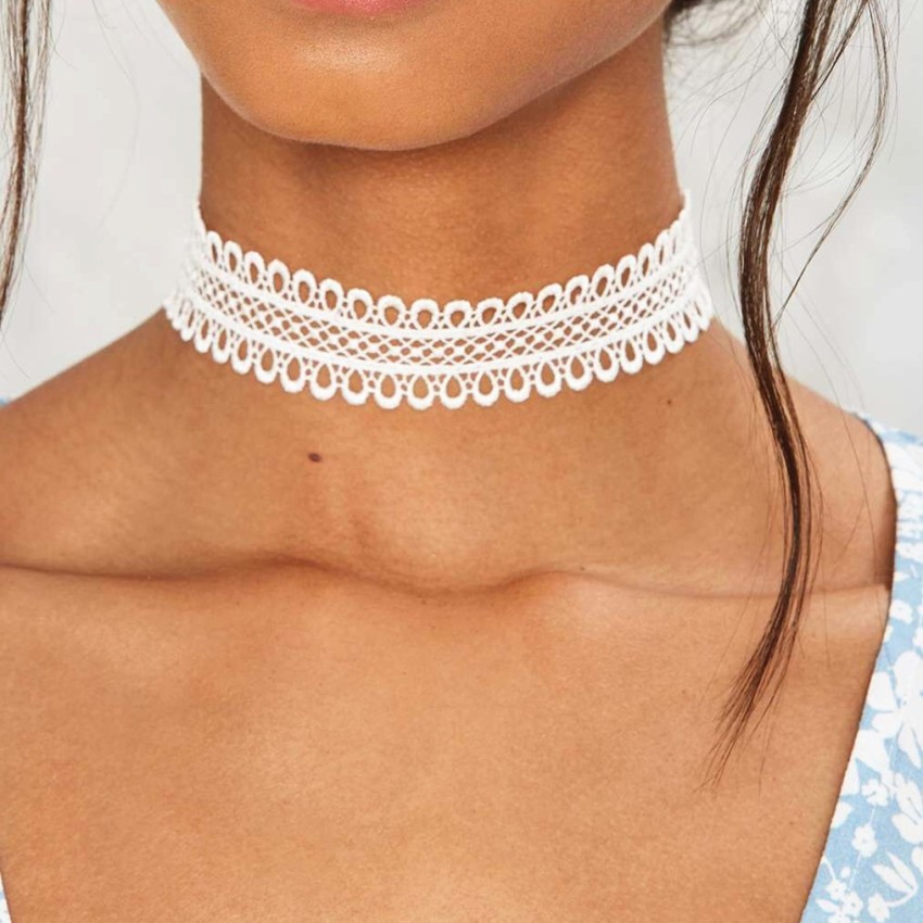 Aaishwarya 90s Fashion White Lace Choker Necklace Silver Plated