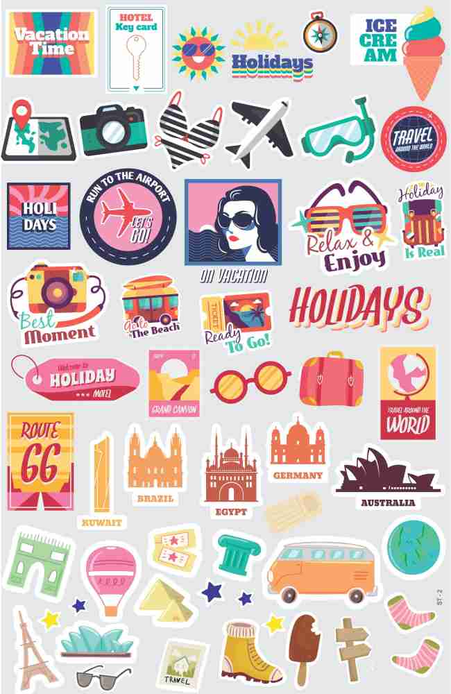 ESCAPER 4 cm Travel Theme Multipurpose Stickers (Pack of 50 Stickers), Laptop Stickers, Mobile Stickers, Scrapbook Stickers