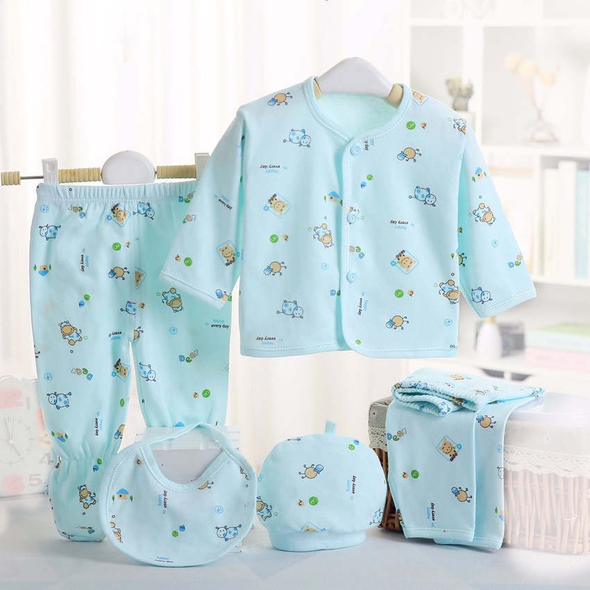 PIKIPOO Presents Premium Quality New Born Baby Summer Wear Baby Clothes 5Pcs Sets 100 Cotton Baby Boys Girls Unisex Baby Cotton Summer Suit Infant Clothes First Gift For New Born. Sky Blue 0 6 Months