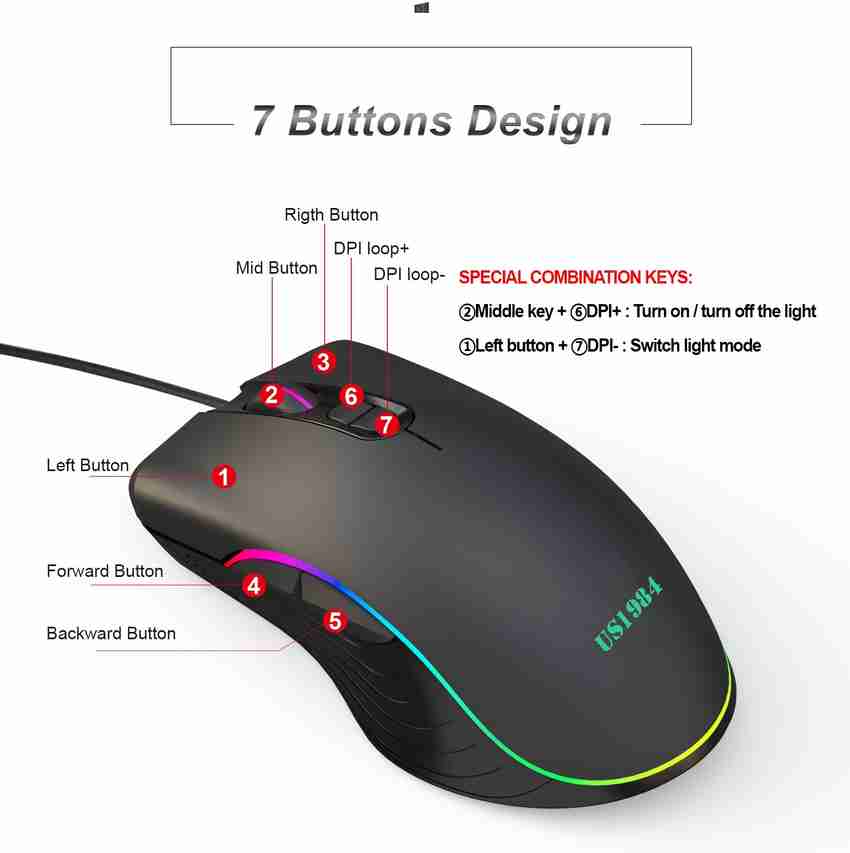 US1984 Wired USB Gaming Mouse, 6400 DPI Optical Sensor, Ergonomic USB Mice, RGB Lighting, 7 Buttons, Lightweight Mouse for Laptop PC Gamer Computer US1984 Wired USB Gaming Mouse, 6400 DPI Optical Sensor, Ergonomic USB Mice, RGB Lighting, 7 Buttons, Lightweight Mouse for Laptop PC Gamer Computer