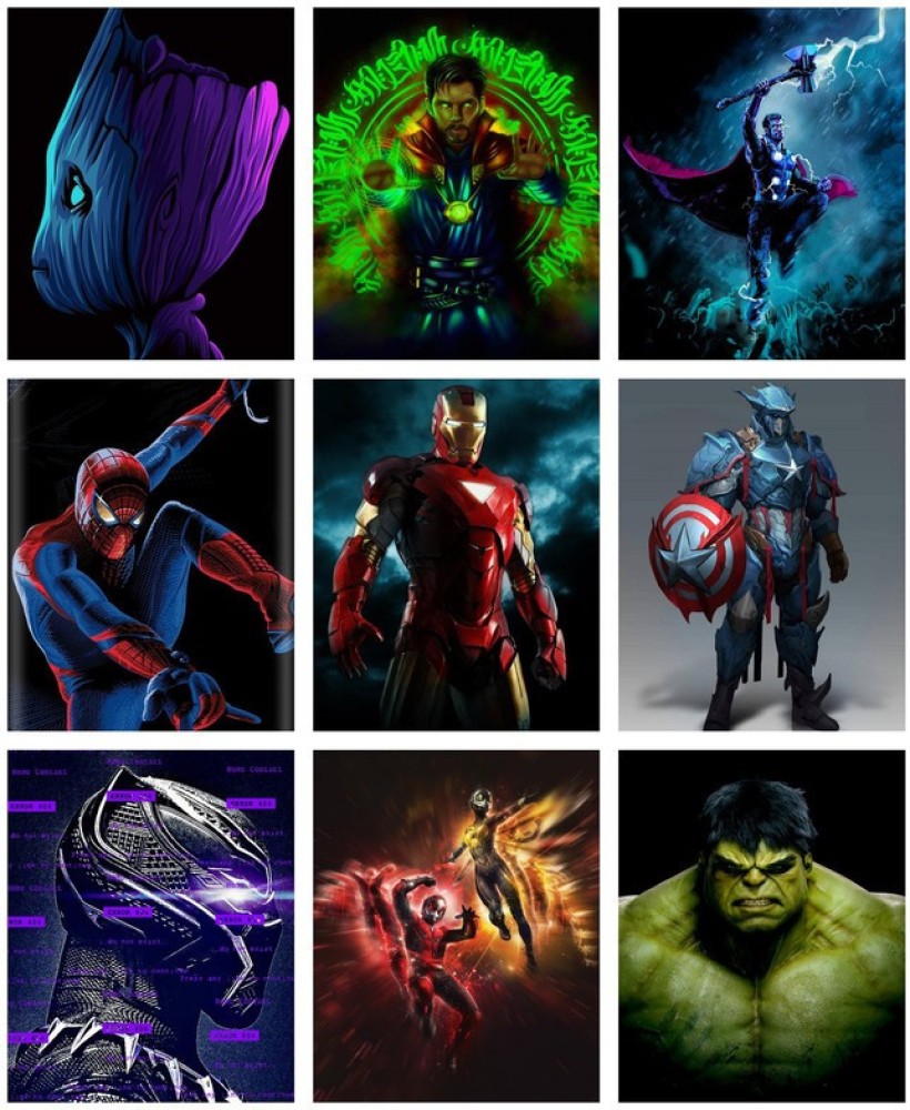 Set of 9 Premium Sticker poster of Hulk,ironman,antman,captain  america,spiderman,groot,thor,dr strange,black pather complete avengers  combo, 12x18 inches