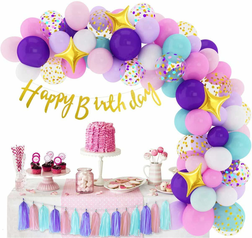 SV Traders Unicorn Theme Birthday Decoration Princess Barbie Combo Of 87 Gold Cursive Happy Birthday 13 Gold Foil Star 5 Inch 4 Multi Confetti10 Balloons Metallic Purple10 Pastel Purple15 Pink20 Mint1...