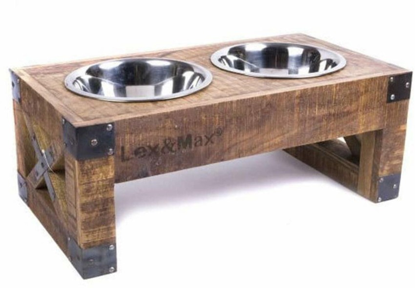 PRITI Wooden Dog Bowls Stand with 2 Stainless Steel Bowl for Water