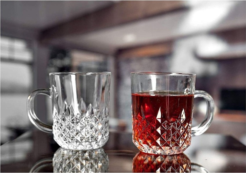 Set of 4 Clear Glass Cups and Saucers, Cut Clear Glass Coffee Cups