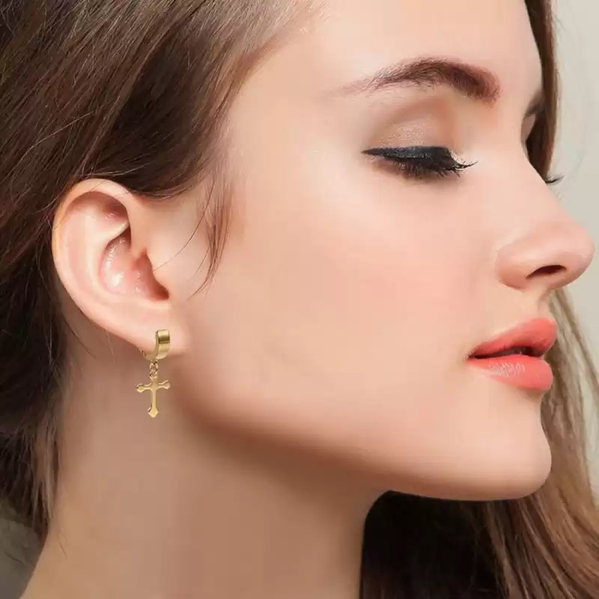 Buy Raur Gold Earring With Plain Cross 316L Stainless Steel Earrings for  Men and Boys  Fashion Non Piercing Earrings for Men  Stainless Steel  Earrings for Boys at Amazonin