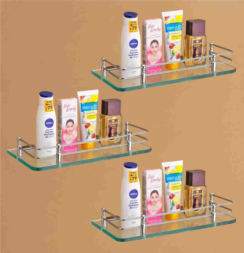 SMART SLIDE Transparent Glass Shelf for Bathroom Pack of 3 Wall