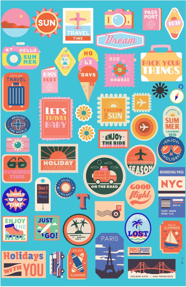 ESCAPER 4 cm Travel Theme Multipurpose Stickers (Pack of 50 Stickers), Laptop Stickers, Scrapbook Stickers, Mobile Stickers