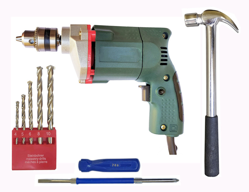 Inditrust Heavy duty 10mm Electric Drill Machine 350 W with Claw Hammer 2in1 Screwdriver and 5pc Masonry drill bit Pack of 4 set Power Hand Tool Kit Price in India