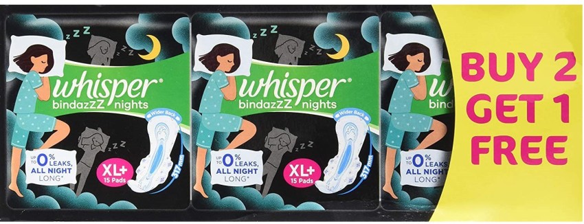 Whisper bindazZZ Nights XL+ 15 (Buy 2 Get 1 free ) Sanitary Pad, Buy Women  Hygiene products online in India