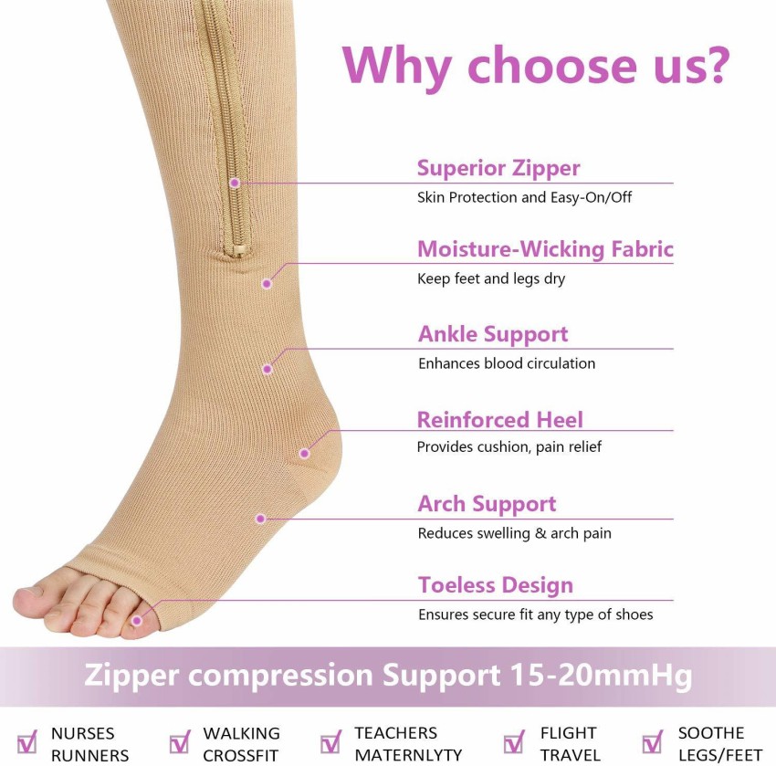 Buy Zipper Medical Compression Socks with Open Toe  Best Support Zip  Stocking for Varicose Veins, Edema, Swollen And Sore Legs (Pack of1 )  Online In India At Discounted Prices