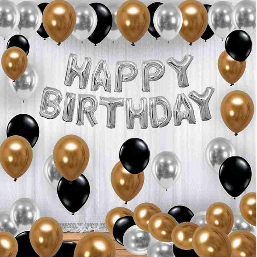 Party Propz Set of 53 Pcs Combo pack of Golden, Silver, Black Metallic  balloons with 2 Pc Silver Fringe Curtain & 1 golden happy birthday foil