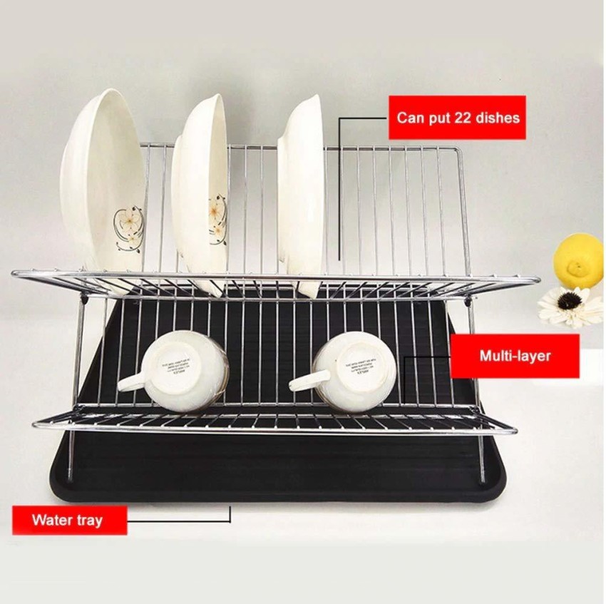 Drying Dish Rack,Chrome-Plated Steel 2-Tier Dish Drying Rack with  Drainboard for Kitchen Counter,Black1