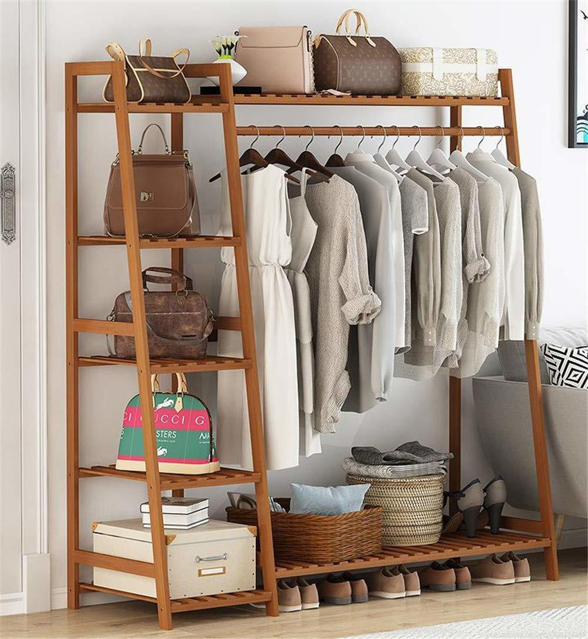 Naayaab Craft Bamboo Coat Clothing Garment Rack with Shelf 7 Tier