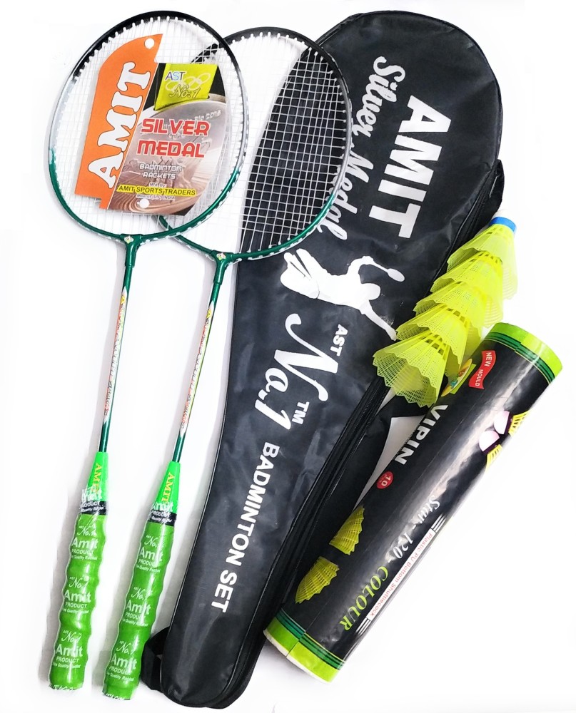 AST Silver Medal Badminton Racket Kit for Beginners and Kids , 2 Badminton Racket and 10 plastic shuttlecock with full cover Badminton Kit