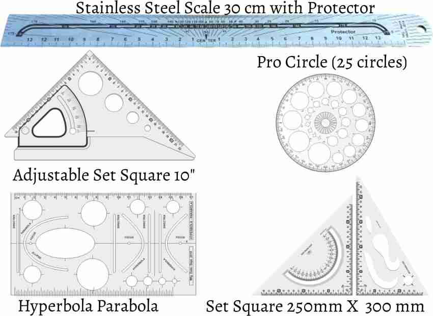 Upyukat Drawing templates: Pro Circle (25 Circles), Set  Square Big & Small, Circle master (35 circles), Drawing curves of 4  different shapes Drafting Scale Ruler Useful to Architect, Engineering or