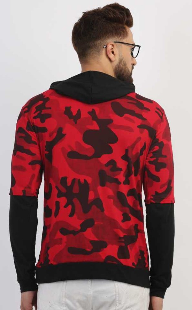 Try This Printed Men Hooded Neck Red T-Shirt