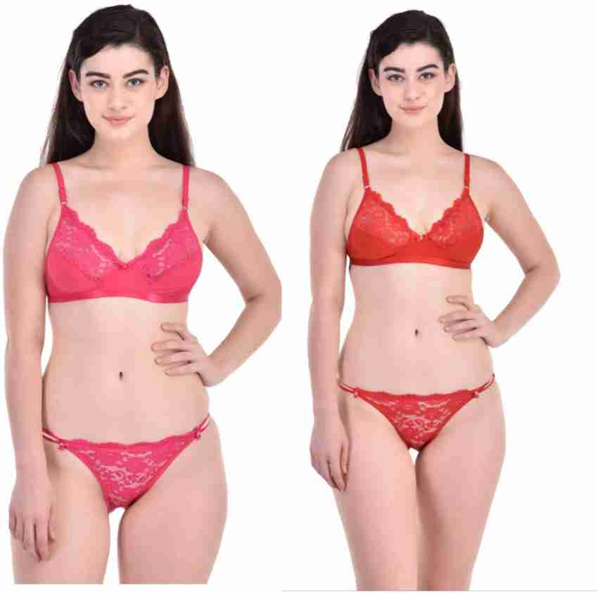 BYGROW Red Solid Cotton Blend Bra and Panty Set (Size 32)