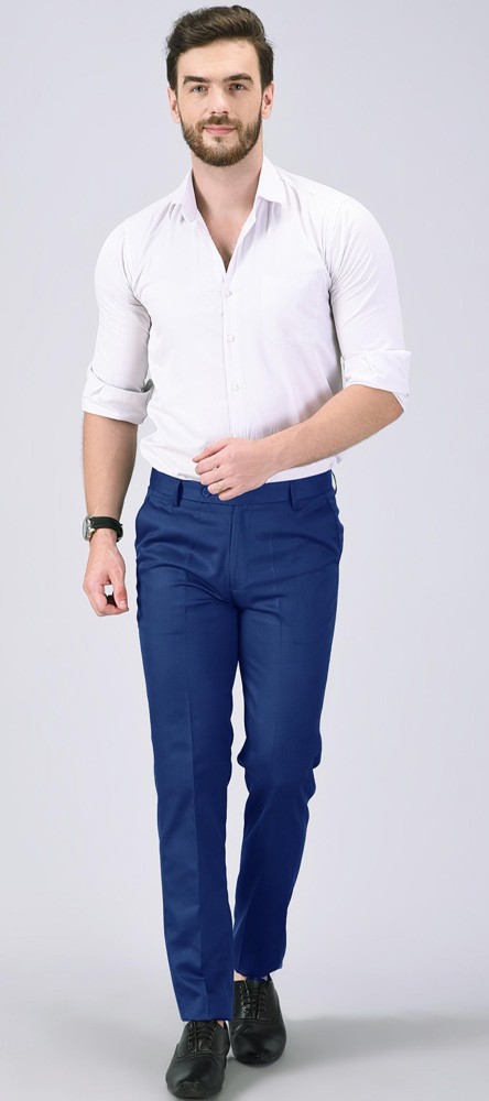 AD & AV Men Royal Blue Solid Synthetic Single Formal Trousers