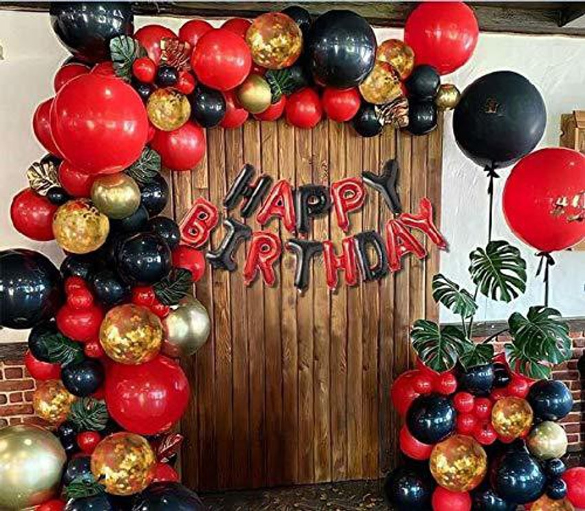 Wisdom Decor Solid Happy Birthday Decoration Special Royal Combo Kit Of Red Black Theme Total 68 Pcs Red Black HBD Foil 13 Golden Confetti Balloons 5 Metallic Balloons Red 30 Black 20 For Party Decora...