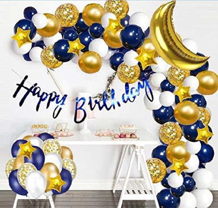 Golden and Blue Decoration Items - Pack of 44 Pcs - Birthday Foil Balloon,  Star Shape Balloon, Heart