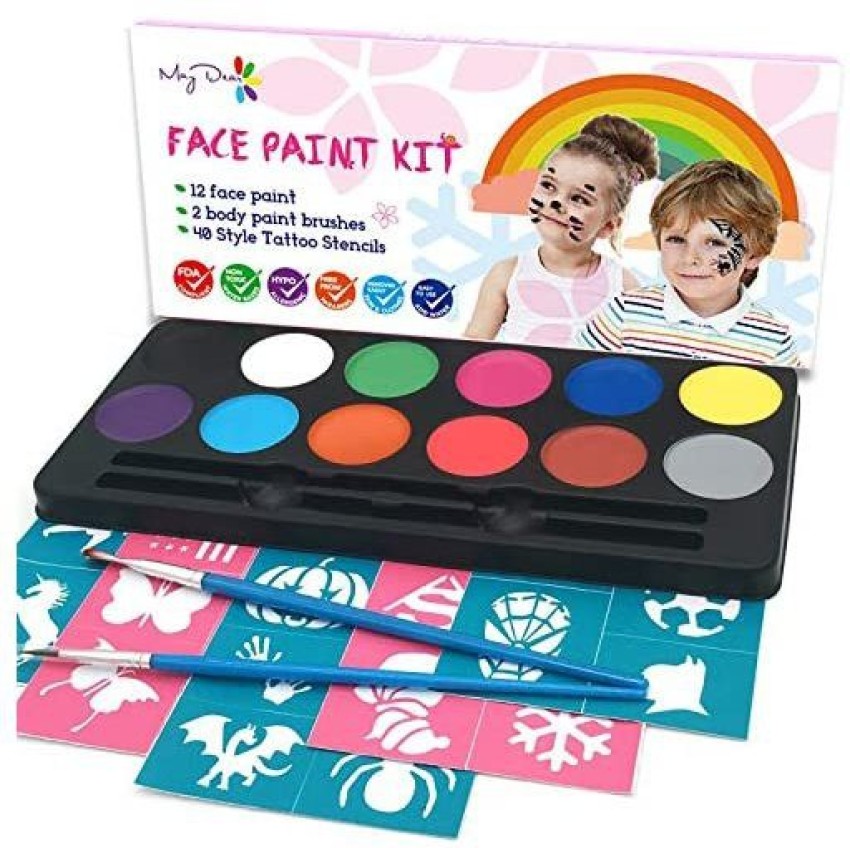 Maydear Face Painting Kit for Kids with 12 Colors Safe and Non-Toxic Water  Based Face Paint palette, 40 Stencils and 2 Brushes - Face Painting Kit for  Kids with 12 Colors Safe