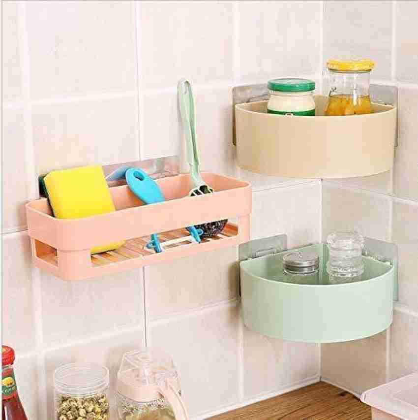 Pack of 2 Multipurpose Plastic Kitchen Bathroom Wall Corner Shelf with  Strong Magic Sticker Shower Rack