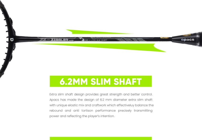 apacs Z-Ziggler Lite (33 LBS, 76g & 6.2 mm Slim Shaft) Black Unstrung  Badminton Racquet