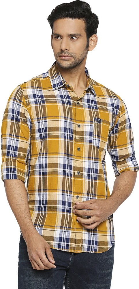 Mufti mustard yellow hot sale checked casual shirt