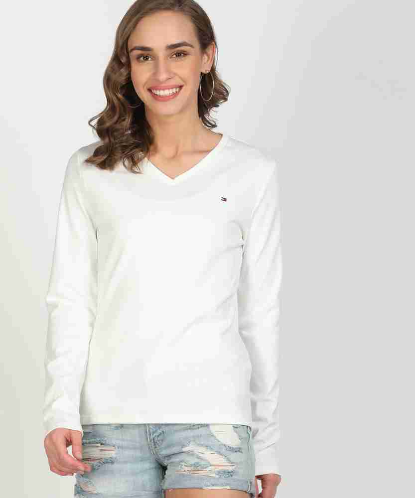 TOMMY HILFIGER Solid Women V Neck White T Shirt Buy TOMMY