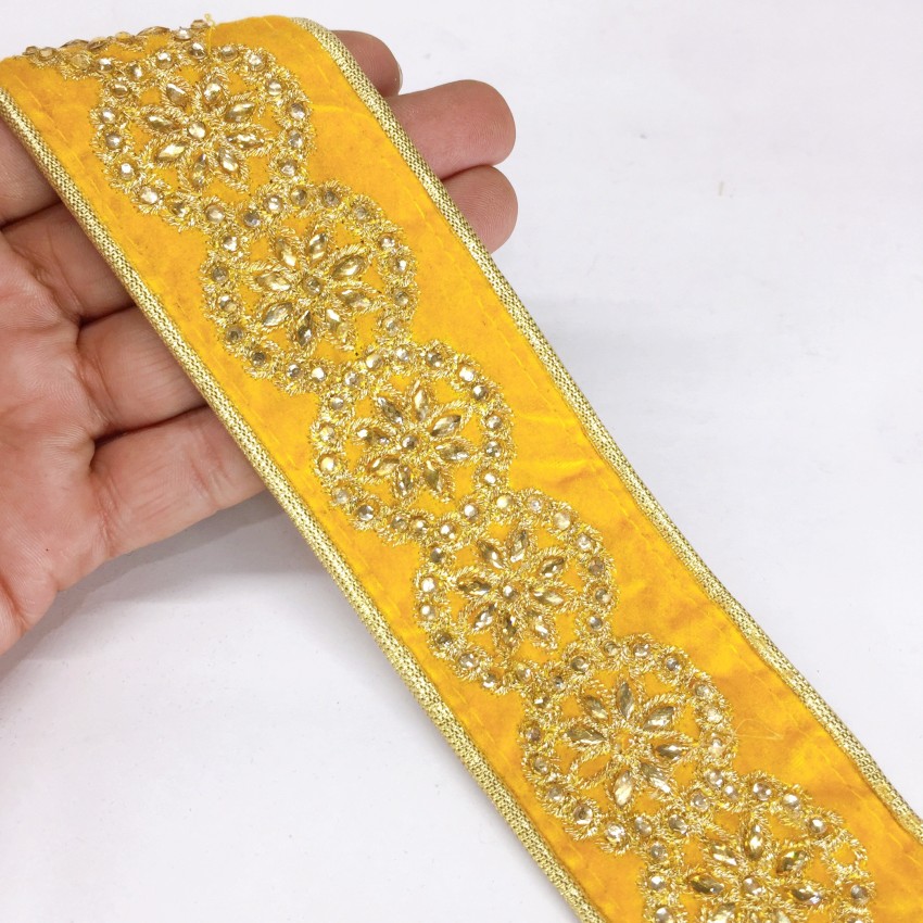 Lami Yellow Diamond Design Saree Lace, with Golden Jari / Zari Broder,  Diamond Work, Design Saree Border Lace, Bridal Lehenga Lace, Ribbon,  Dupatta Lace, Indian Trimmings, Fancy Ribbons TL4625_YELLW Lace Reel Price