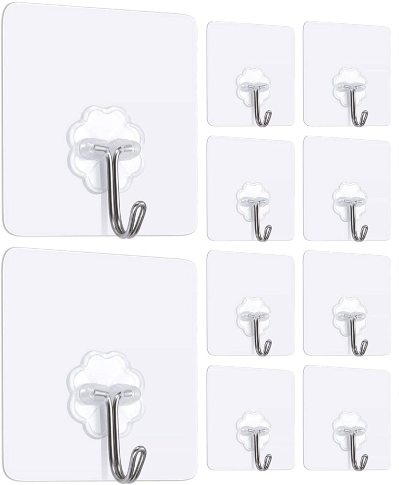 Chillyfit Adhesive Wall Hook 10 Pack, Wall Hooks for Hanging Strong, Heavy Duty Sticky Hooks for Hanging, Transparent Reusable Waterproof Adhesive