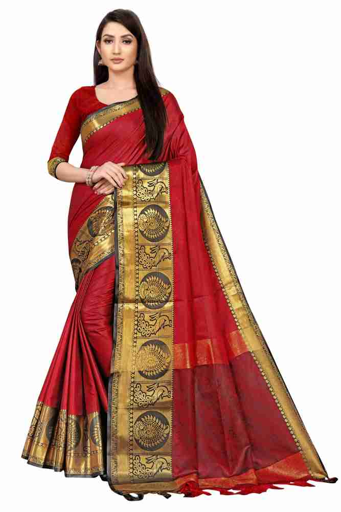 Buy sheladiya Printed Chanderi Cotton Silk Red Sarees Online @ Best Price  In India