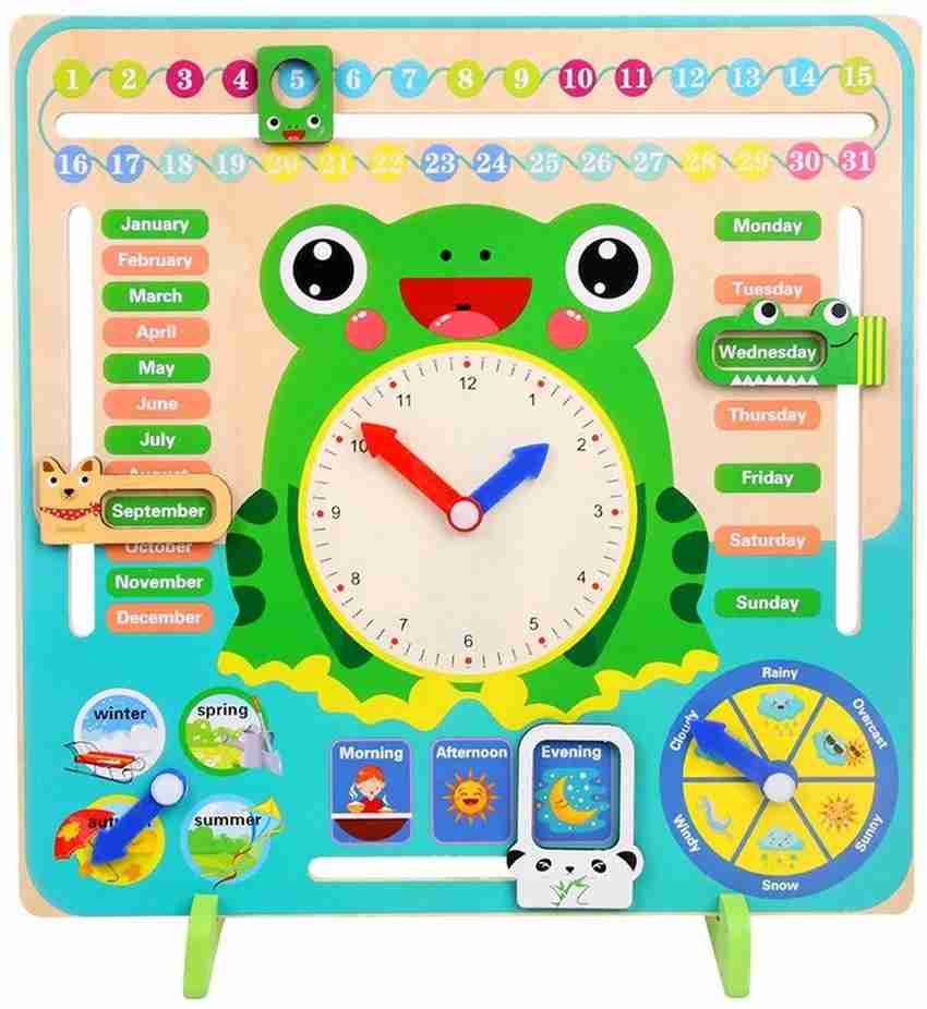 Univocean Frog Shaped Wooden Calendar Clock for Kids Educational