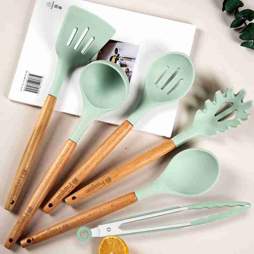 Daily Kitchen Cooking Spoons Set Heat Resistant Silicone and Stainless Steel Metal - Best Serving Spoon with Rubber Grip - Flexible Silicone Spoon for