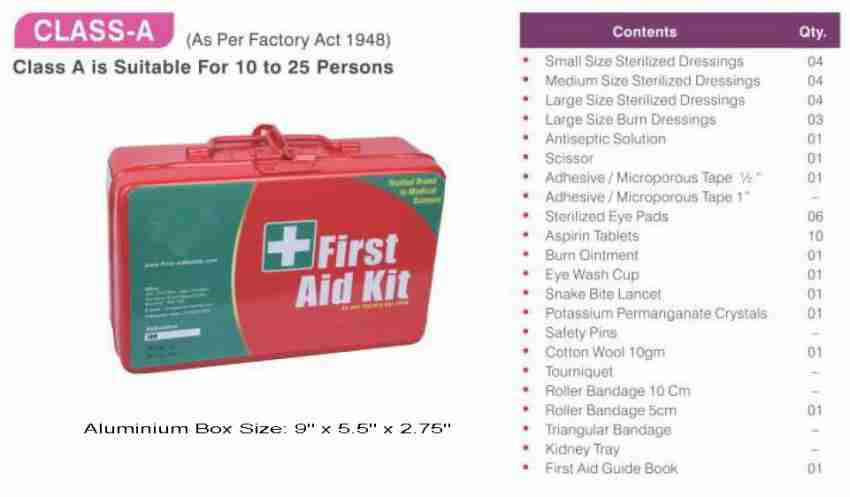 Add-on Safety Industrial First Aid Kit/Medical Emergency Kit - (with  Aluminium Metal Box) - CLASS – C (As Per Factory Act 1948)