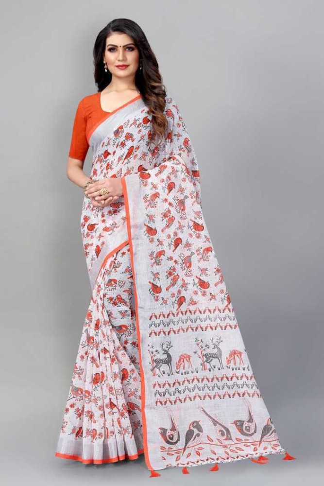 Orange White Floral Sari Fabric