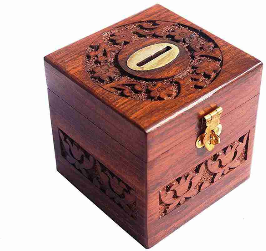 CraftKemp RoseWood Carving Square Shaped Money Box Coin