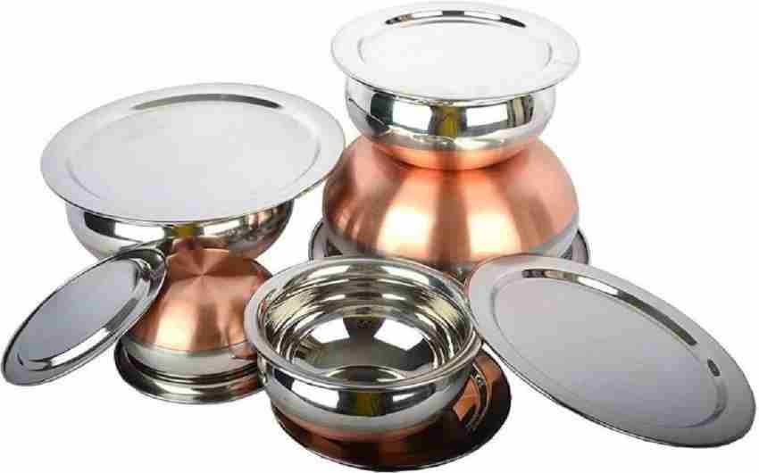Dinner Set Stainless Steel Copper Bottom Handi Pot Pan 3 Piece Set  Combo/Steel 3 Handi Set ( Induction Bottom)