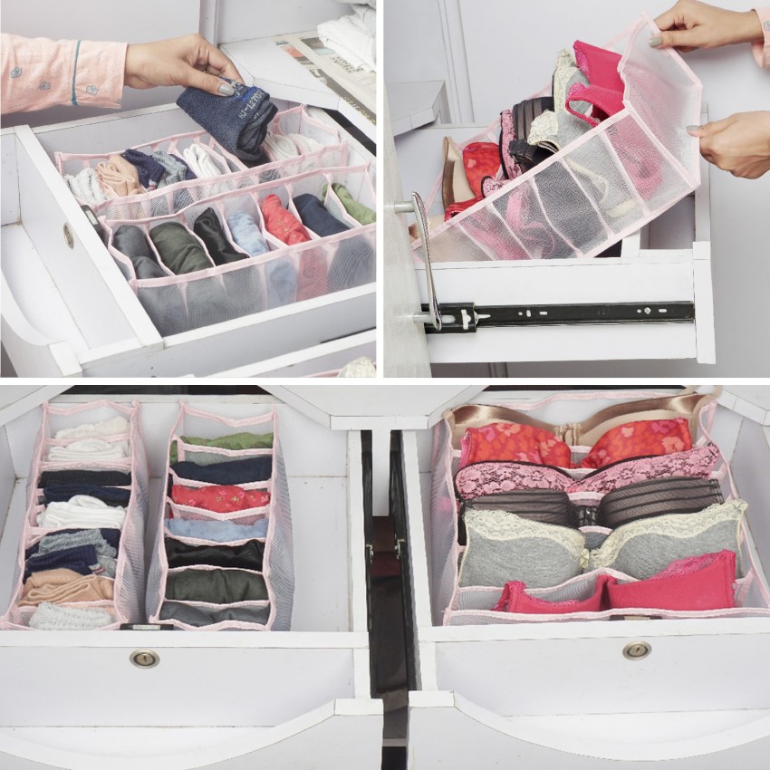 NFI essentials Foldable Organiser for Bra, Underwear & Socks - Set of 3, Dresser Drawer Storage Organizer for Undergarments, Folding Closet Storage  of Lingerie for Wardrobe, Cupboard Pink - Price in India