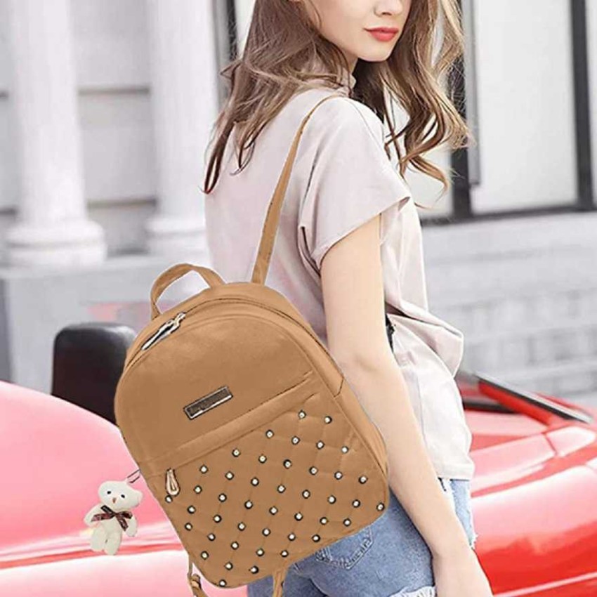 Cream Leather backpacks for women college bag for girls casual